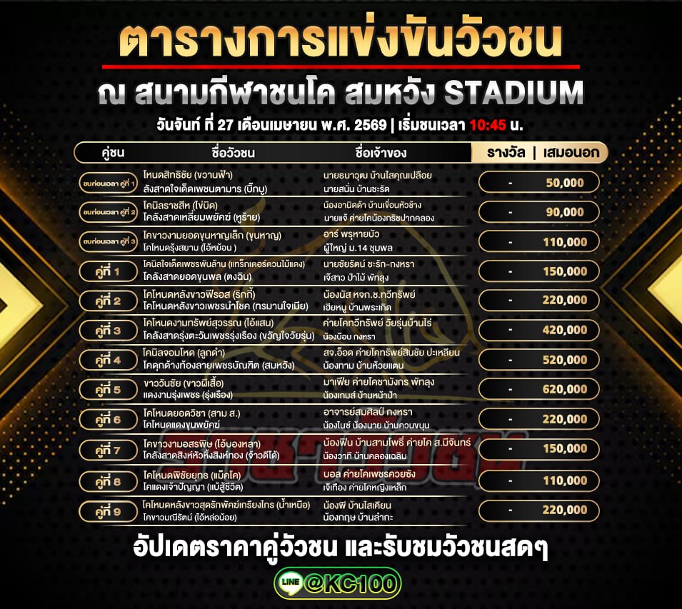 โปรแกรมวัวชนวันนี้ 27-4-2569