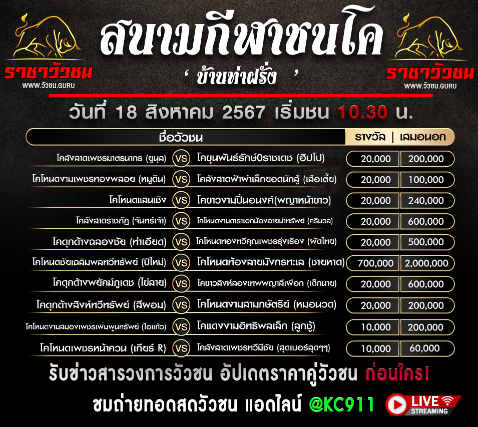 โปรแกรมวัวชน 18-8-2567