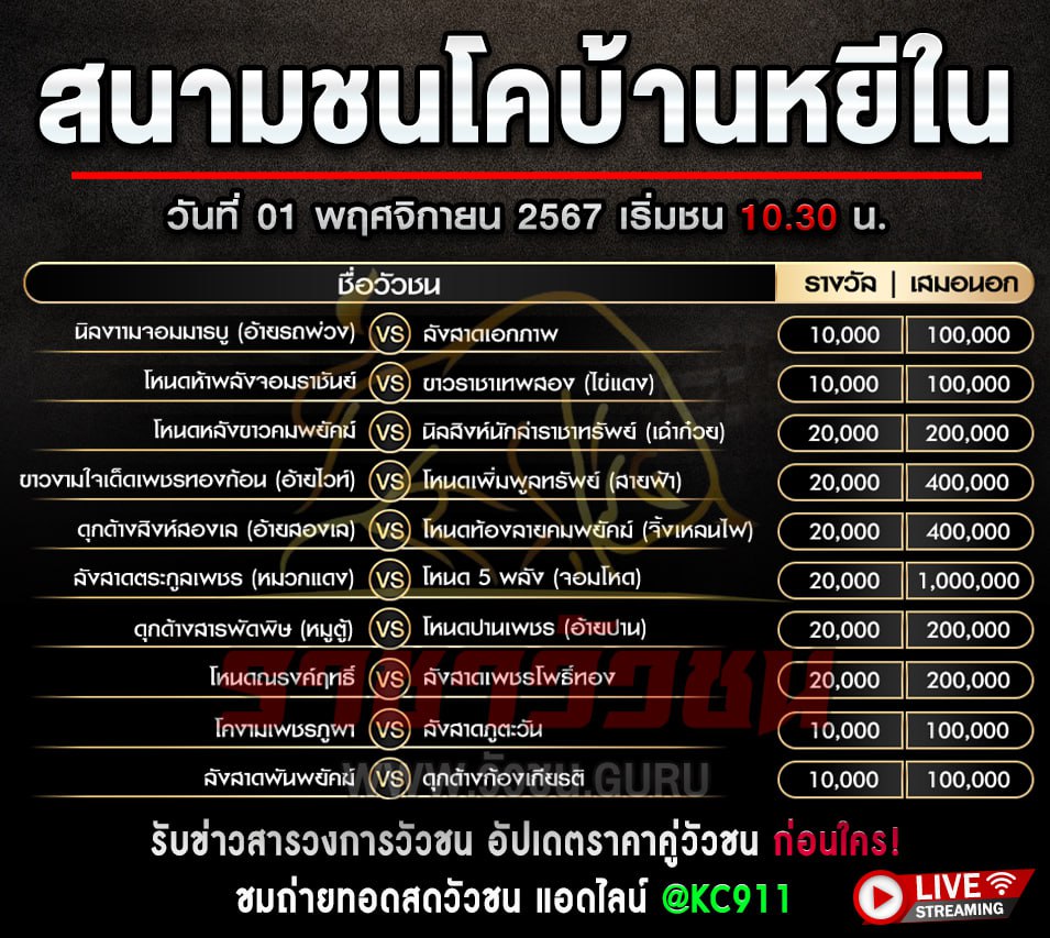 โปรแกรมวัวชน 1-11-2567