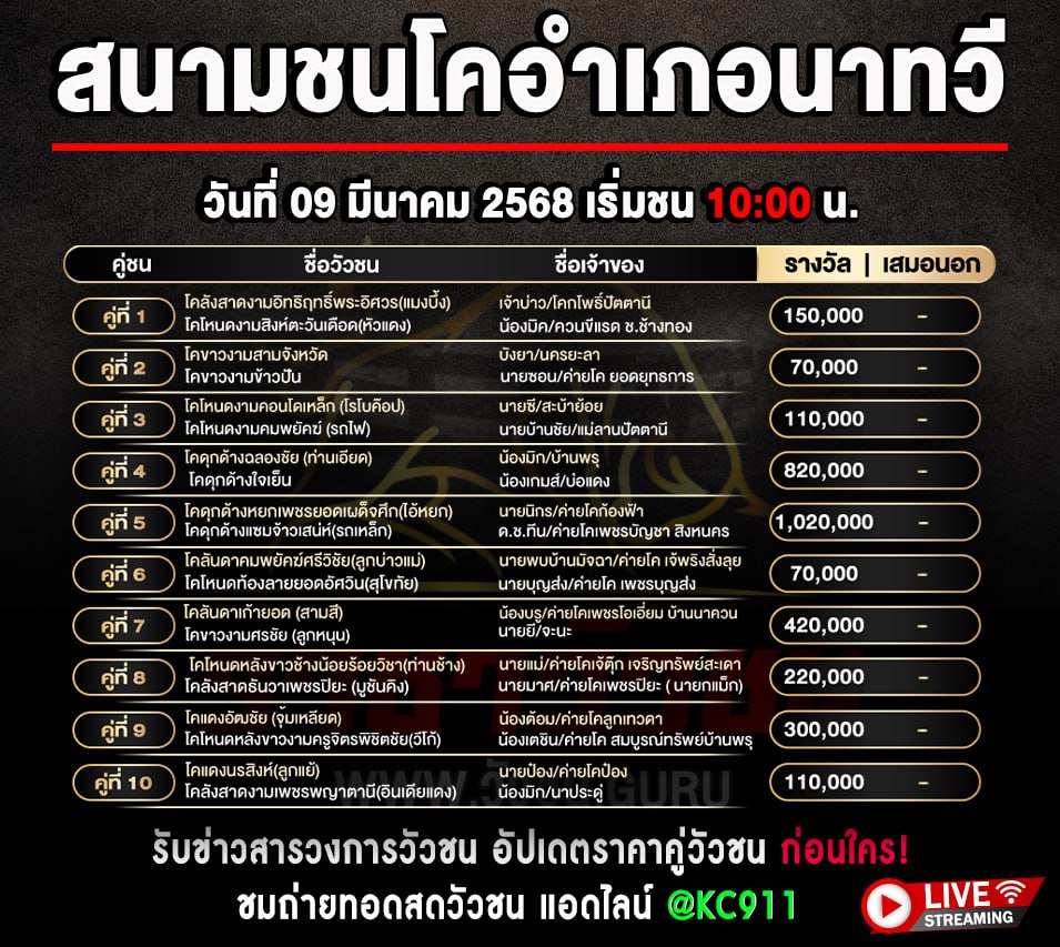 โปรแกรมวัวชน 9-3-2568