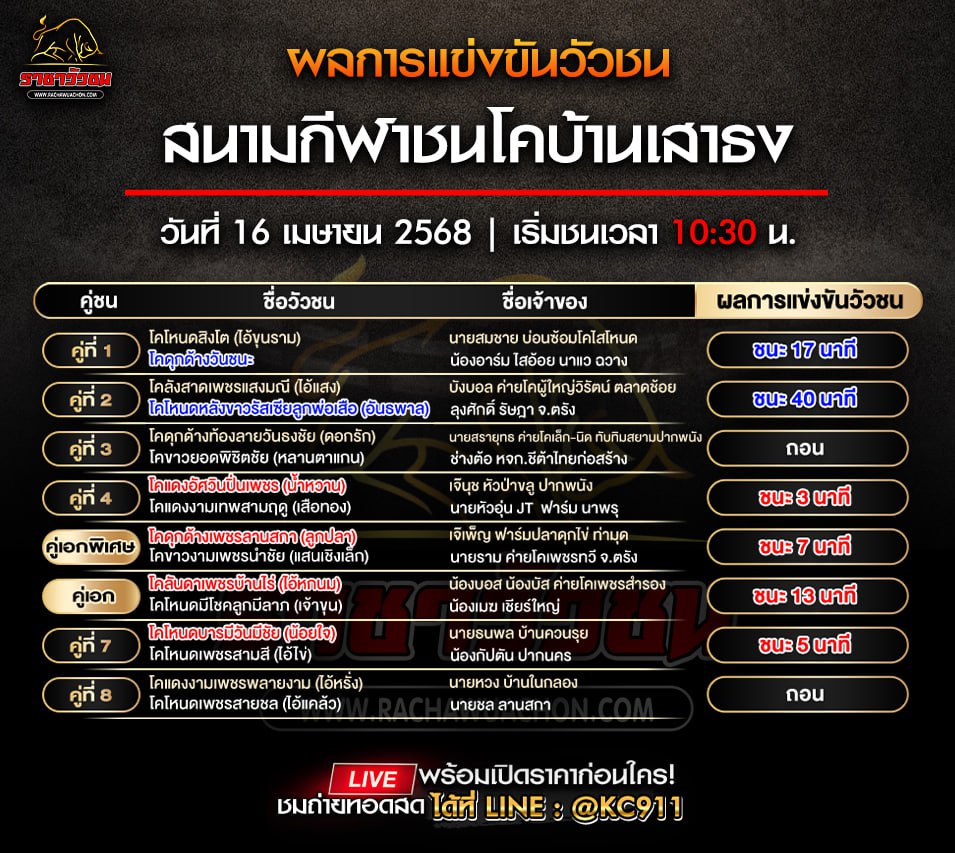 สรุปผลวัวชน 16-4-2568