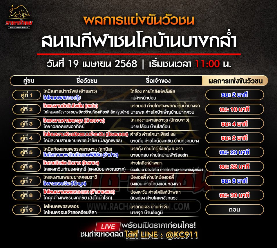 สรุปผลวัวชน 19-4-2568