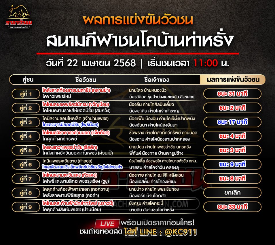 สรุปผลวัวชน 22-4-2568