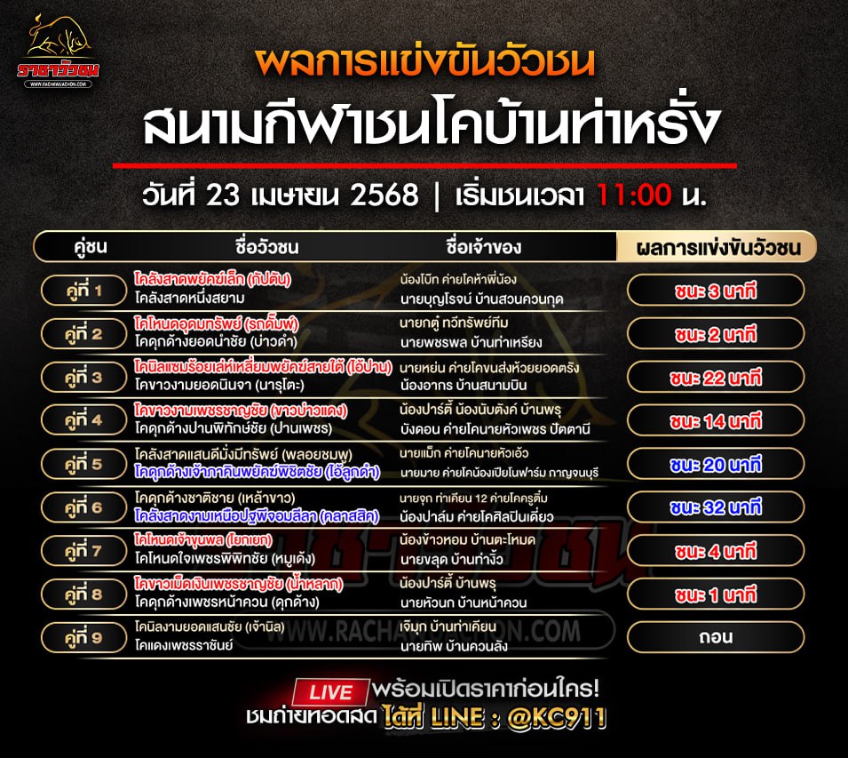 สรุปผลวัวชน 23-4-2568