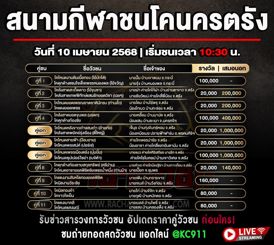 โปรแกรมวัวชน 10-4-2568