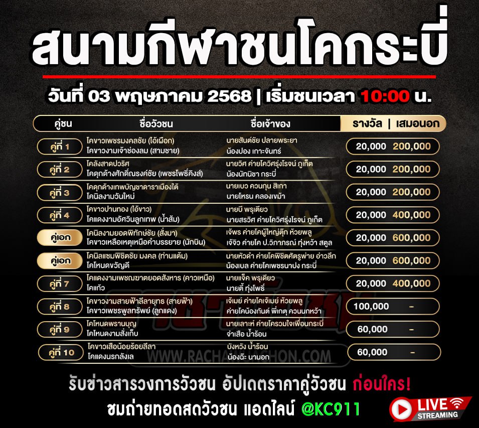 โปรแกรมวัวชน 03-5-2568