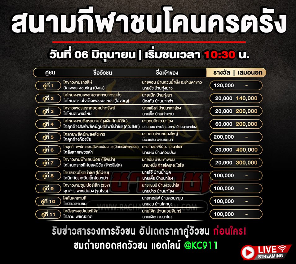 โปรแกรมวัวชน 6-6-2568