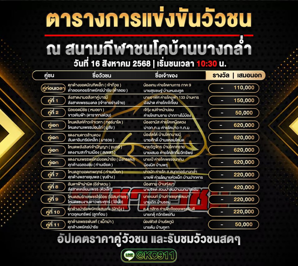 โปรแกรมวัวชนวันนี้ 16-8-2568