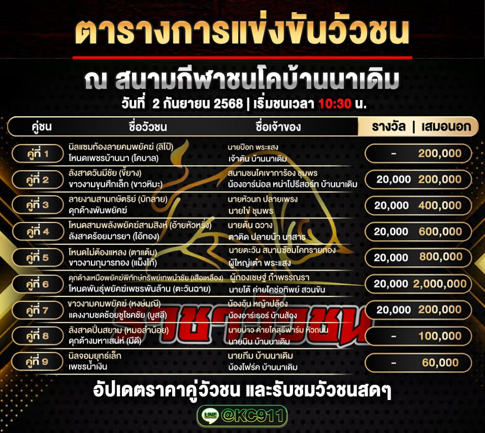 โปรแกรมวัวชนวันนี้ 2-9-2568