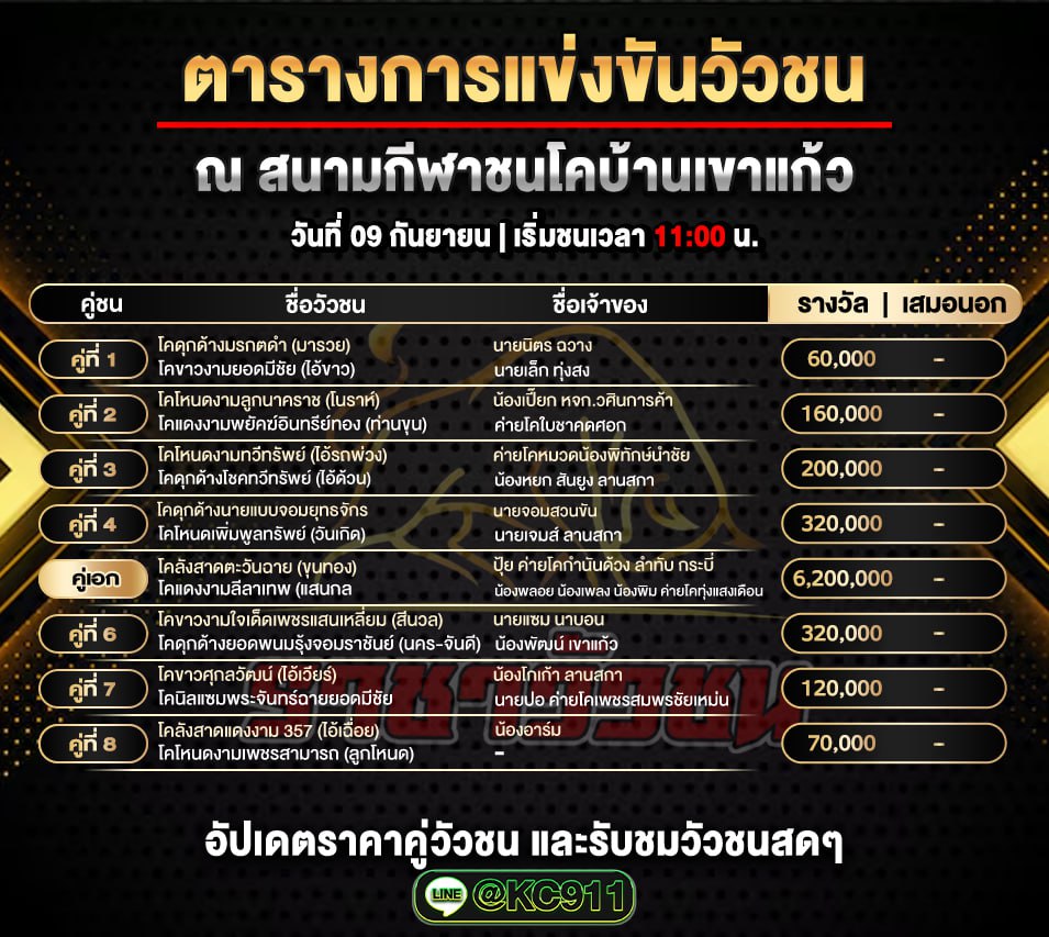 โปรแกรมวัวชนวันนี้ 9-9-2568