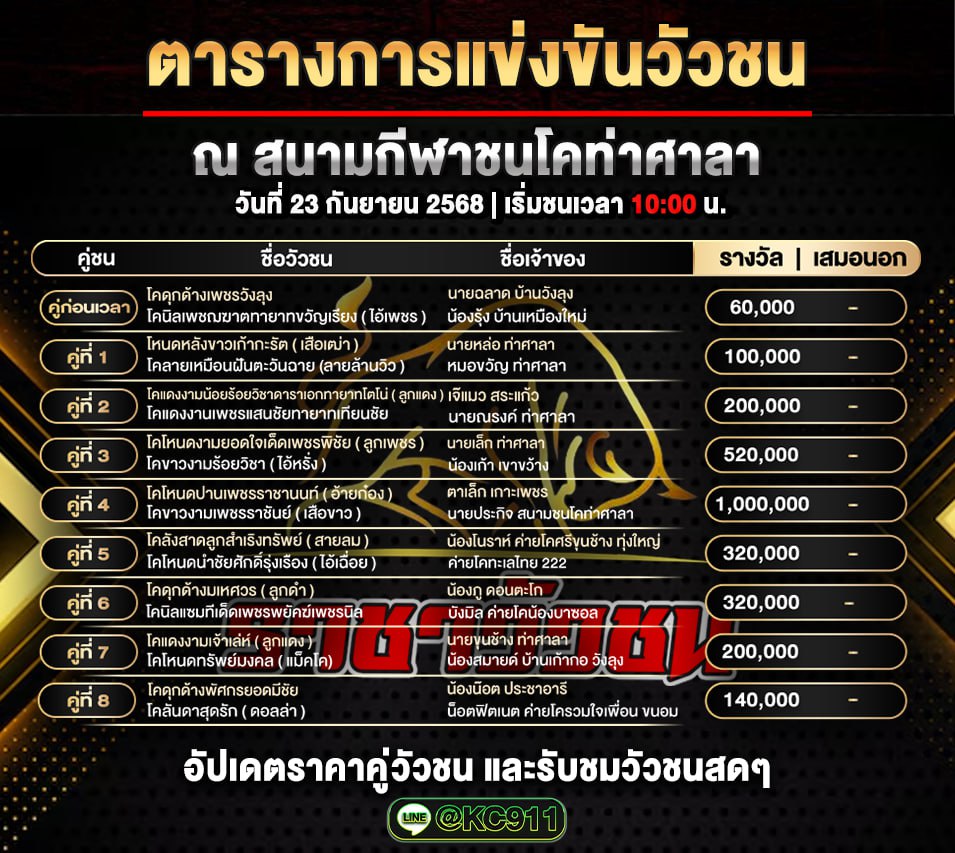 โปรแกรมวัวชนวันนี้ 23-9-2568