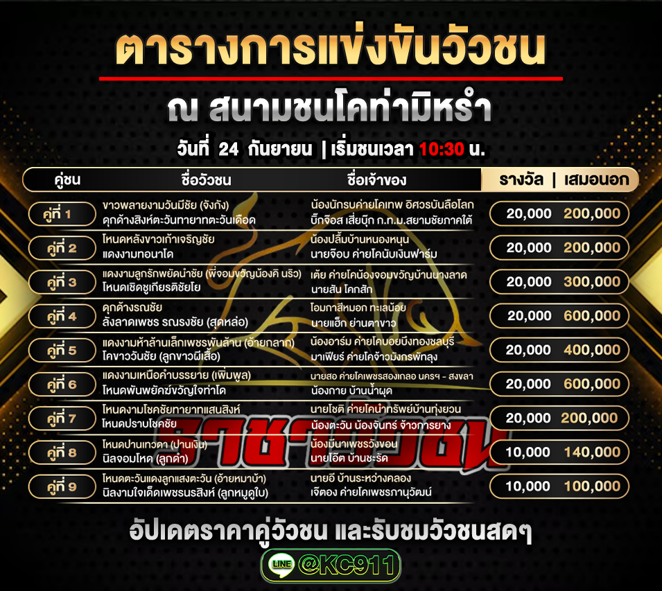 โปรแกรมวัวชนวันนี้ 24-9-2568