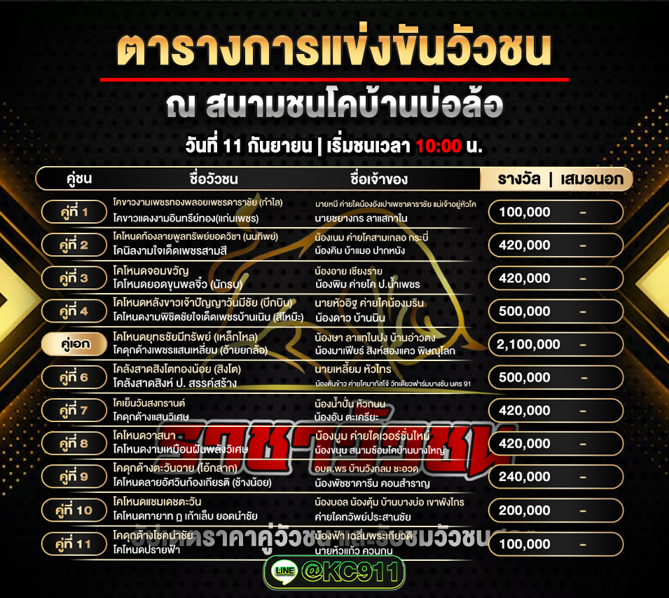 โปรแกรมวัวชนวันนี้ 11-9-2568