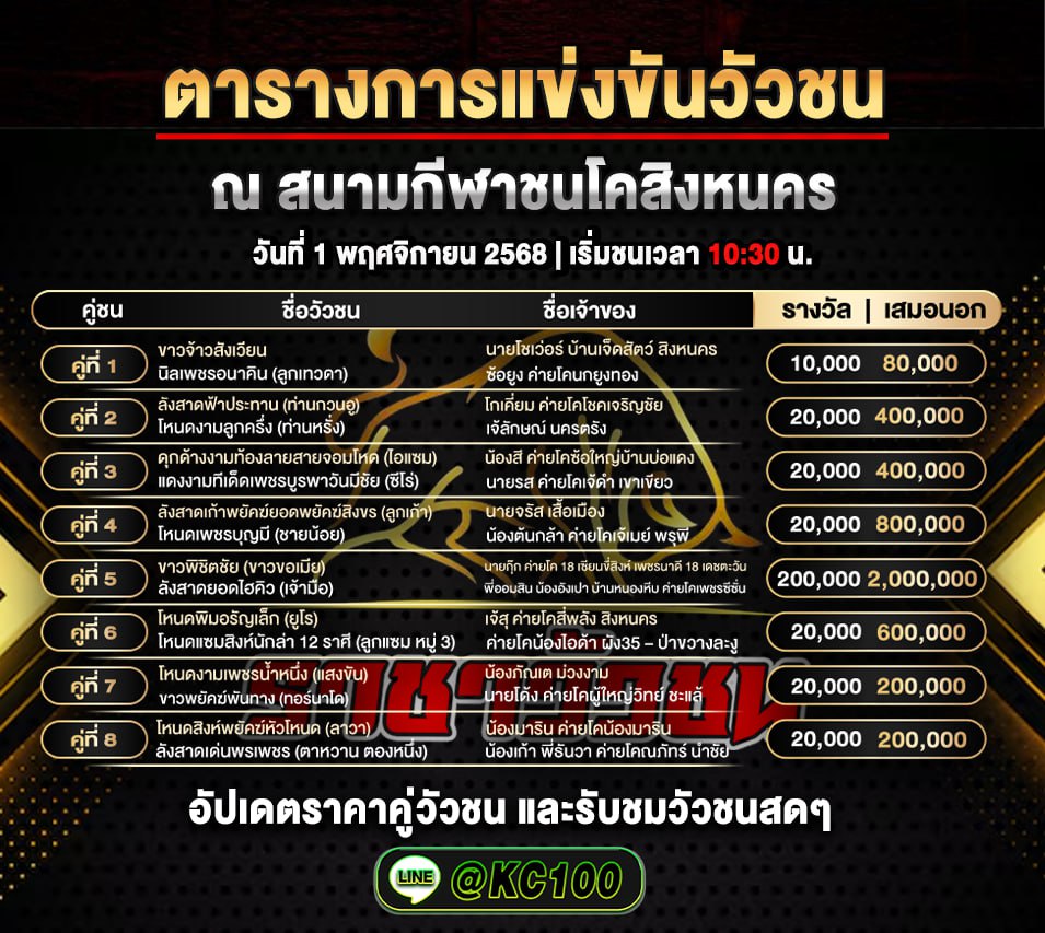 โปรแกรมวัวชนวันนี้ 1-11-2568
