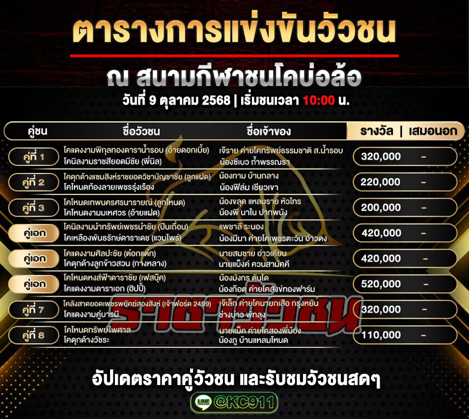 โปรแกรมวัวชนวันนี้ 9-10-2568