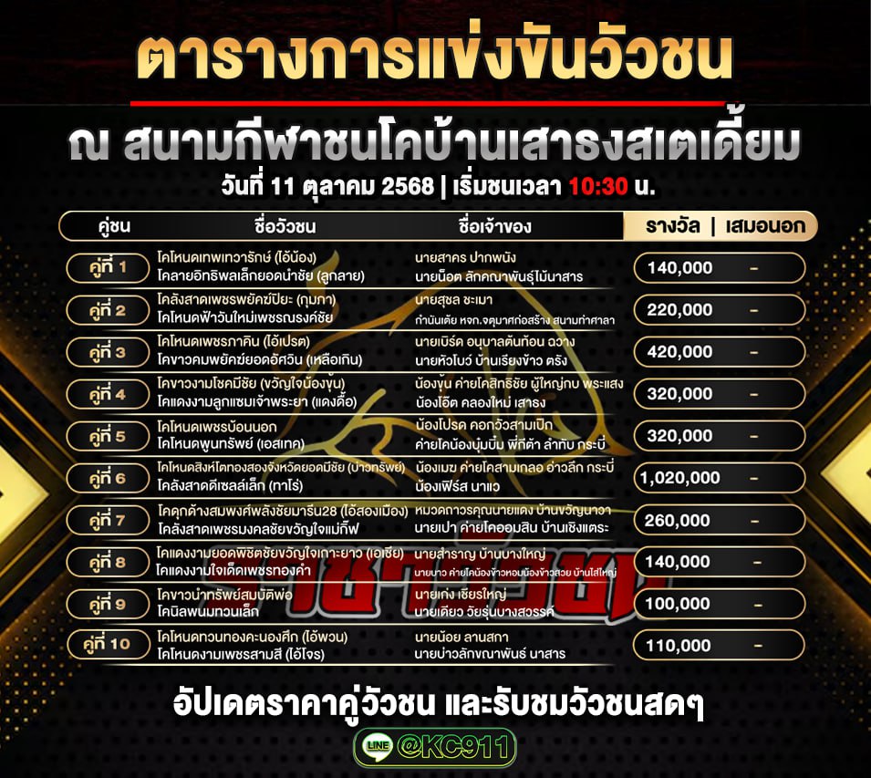 โปรแกรมวัวชนวันนี้ 11-10-2568