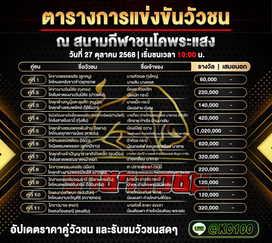 โปรแกรมวัวชนวันนี้ 27-10-2568