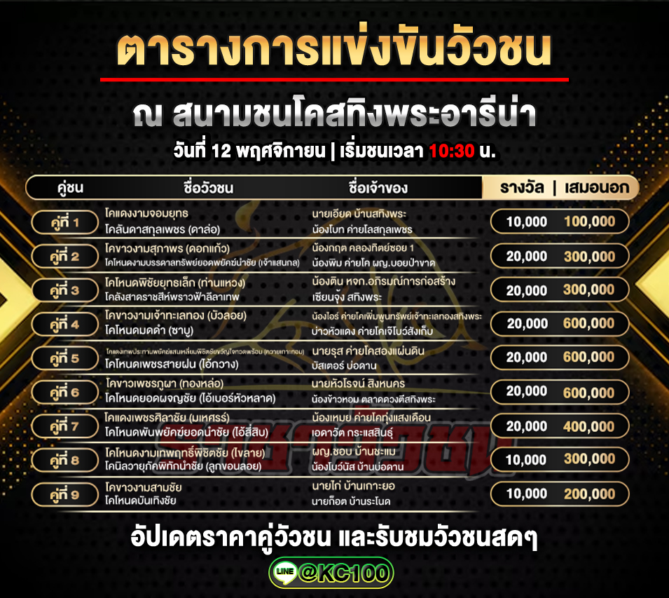 โปรแกรมวัวชนวันนี้ 12-11-2568