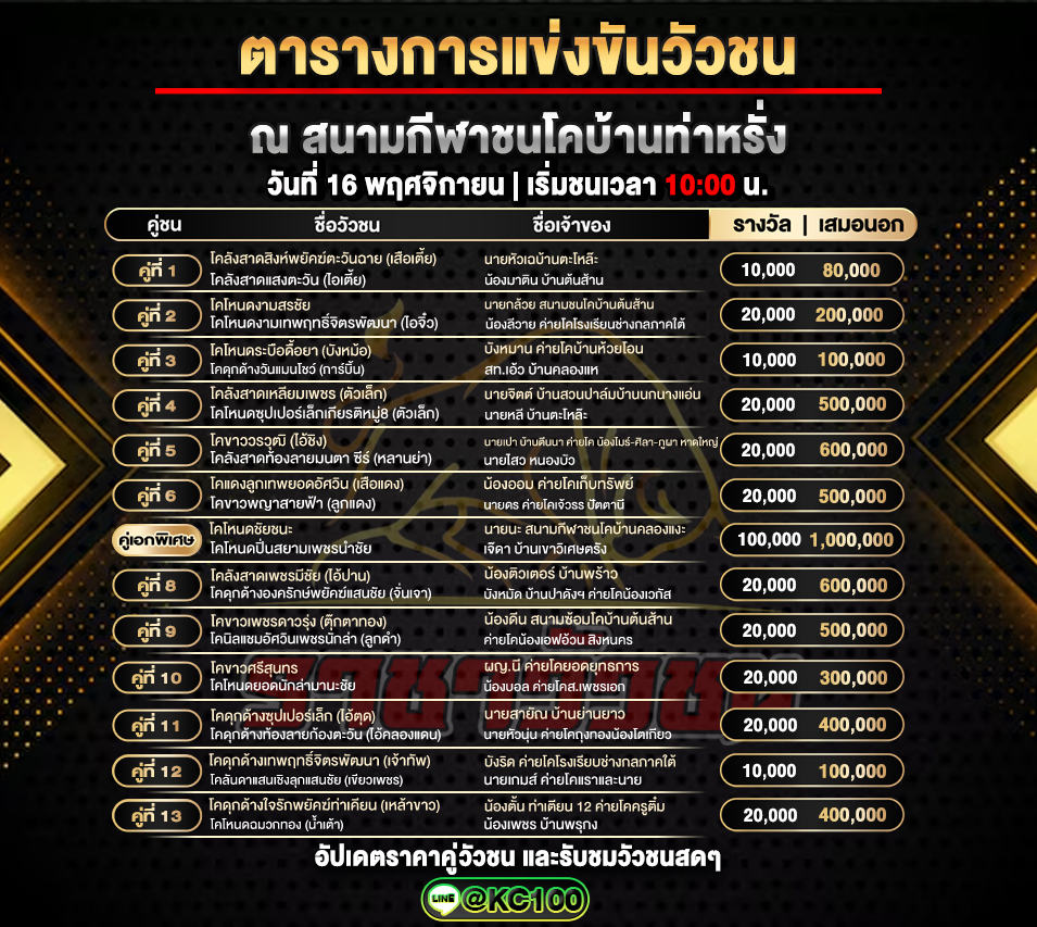 โปรแกรมวัวชนวันนี้ 16-11-2568