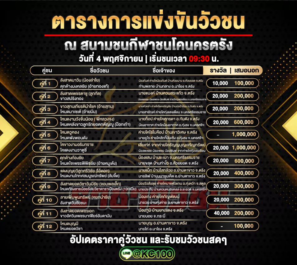 โปรแกรมวัวชนวันนี้ 4-11-2568