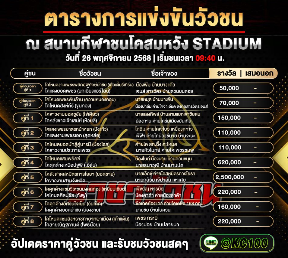 โปรแกรมวัวชนวันนี้ 26-11-2568