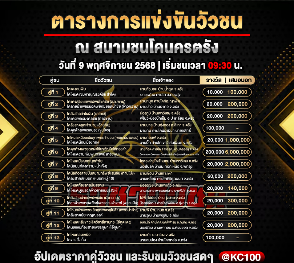 โปรแกรมวัวชนวันนี้ 9-11-2568
