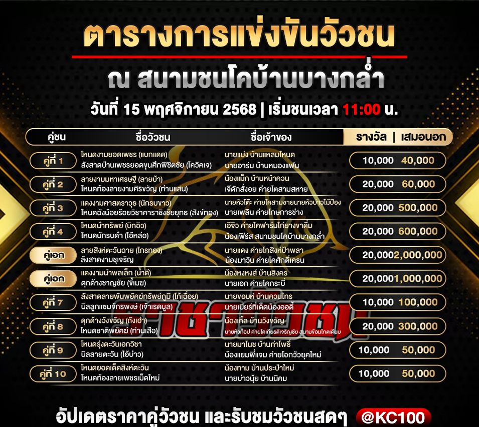 โปรแกรมวัวชนวันนี้15-11-2568