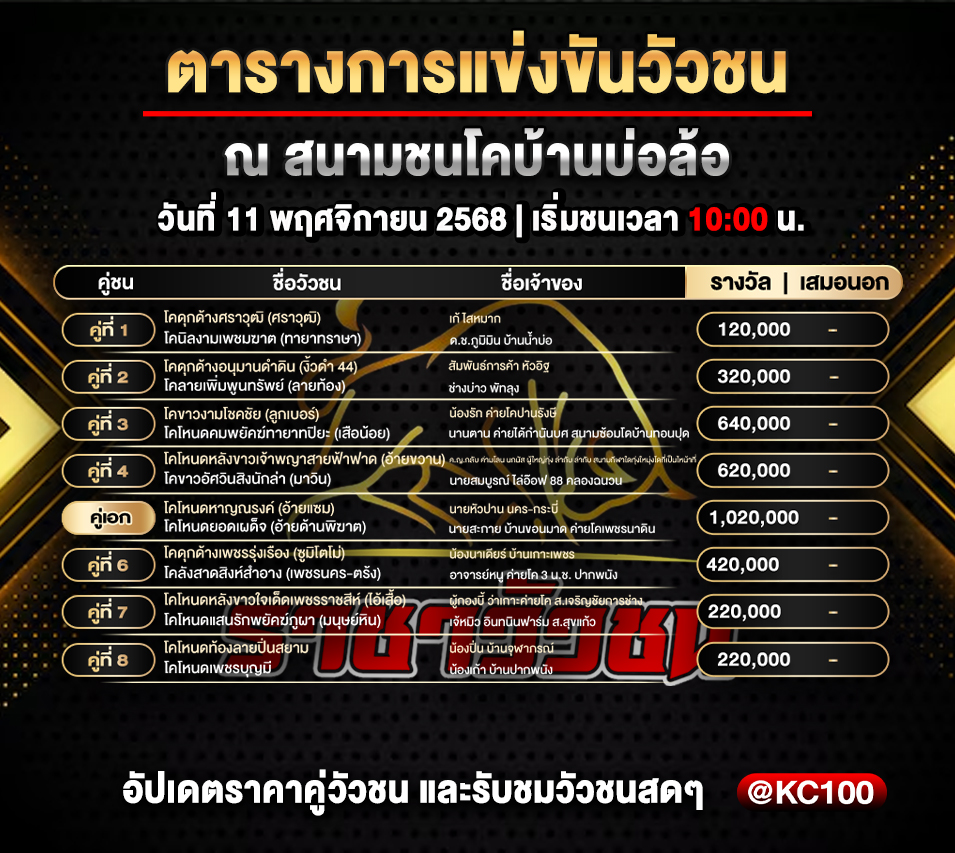 โปรแกรมวัวชนวันนี้11-11-2568