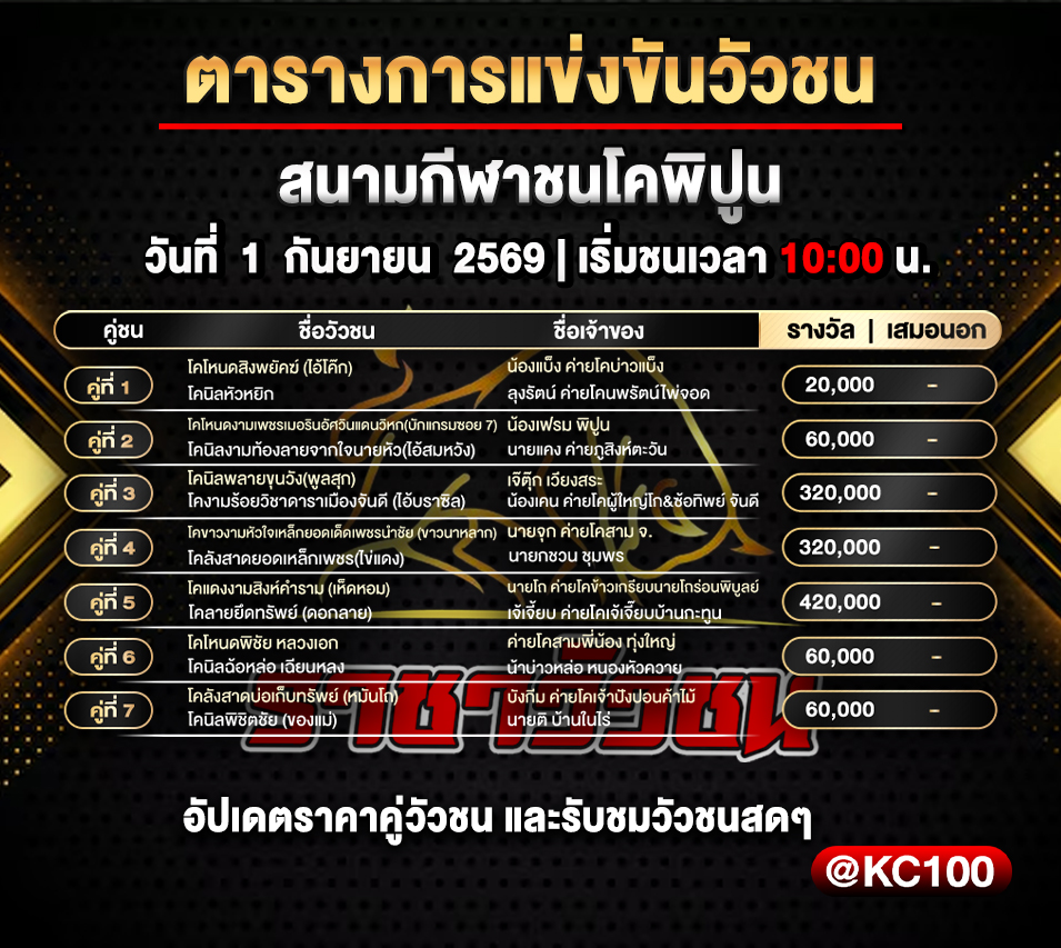 โปรแกรมวัวชนวันนี้ 1-9-2569