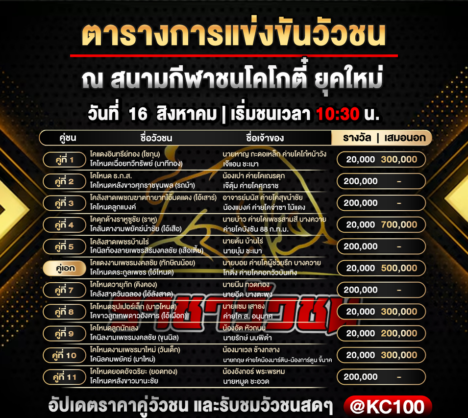 โปรแกรมวัวชนวันนี้ 16-8-2569