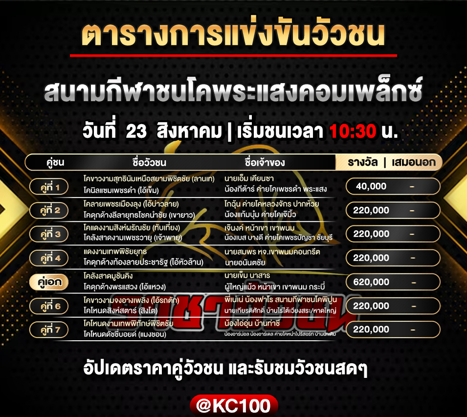 โปรแกรมวัวชนวันนี้ 23-8-2569